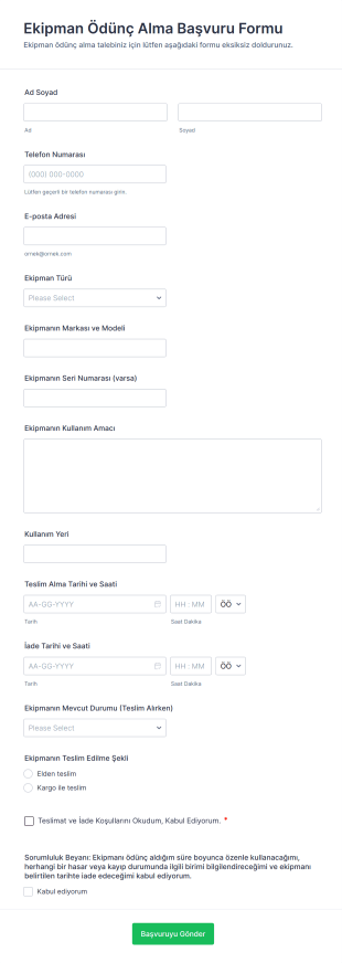 Ekipman Ödünç Alma Başvuru Form Template