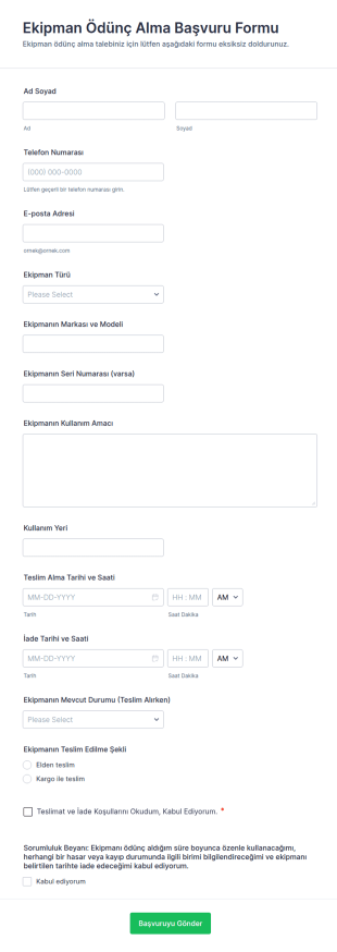 Ekipman Ödünç Alma Başvuru Form Şablonu