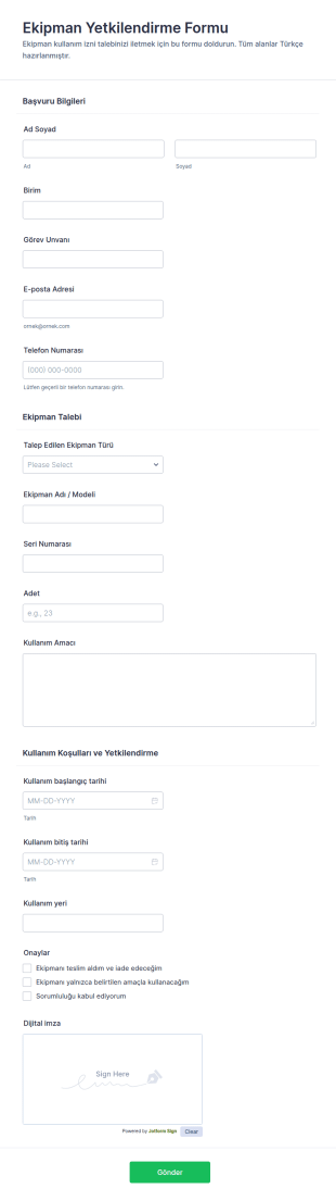 Ekipman Onay Form Şablonu