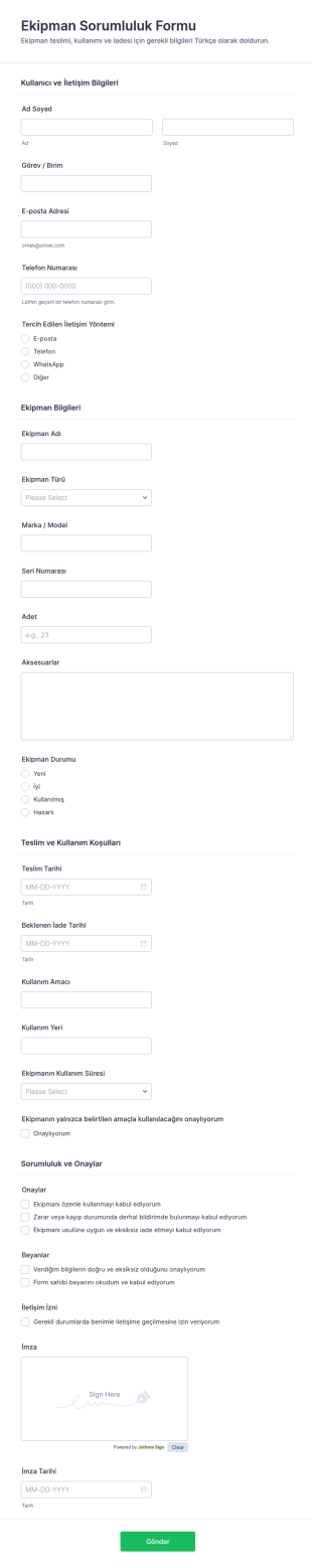 Ekipman Sorumluluk Form Şablonu
