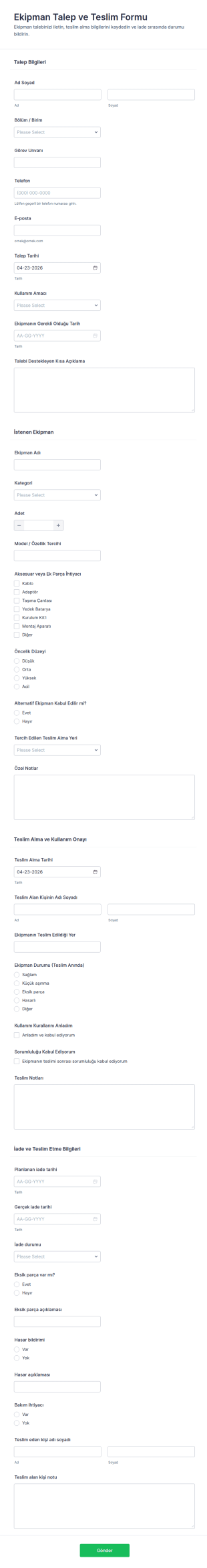 Ekipman Talep Ve Serbest Bırakma Form Şablonu