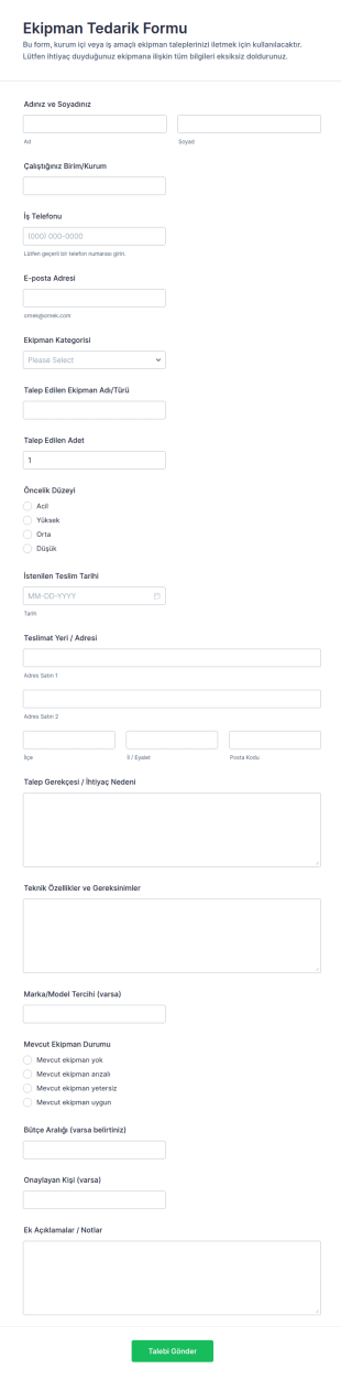 Ekipman Temin Talep Form Şablonu