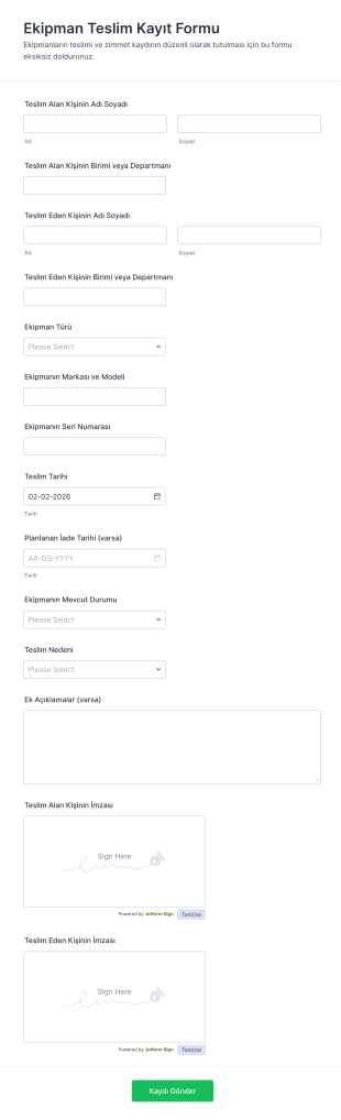 Ekipman Teslim Kayıt Form Şablonu