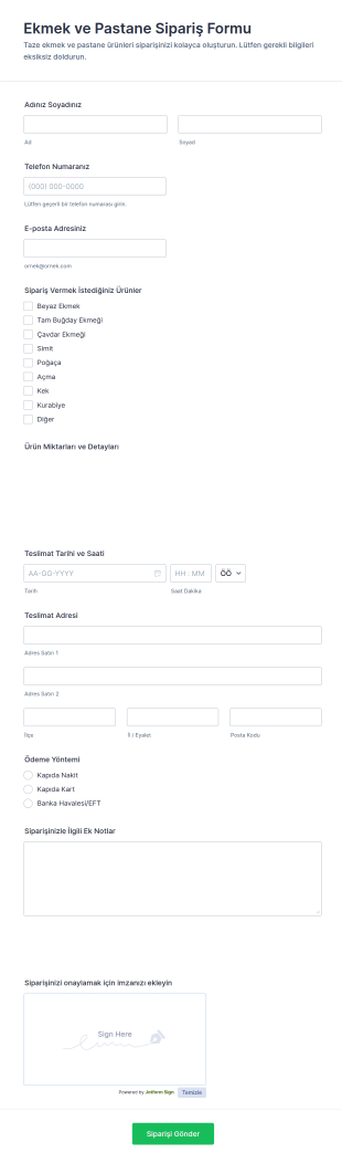 Ekmek Ve Pastane Sipariş Form Şablonu