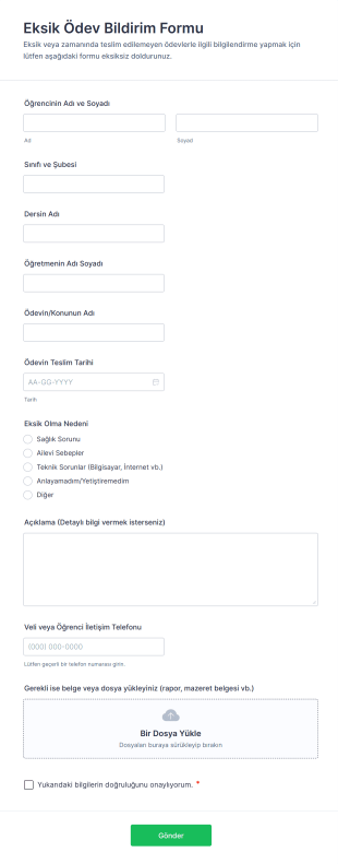 Eksik Ödev Bildirim Form Template