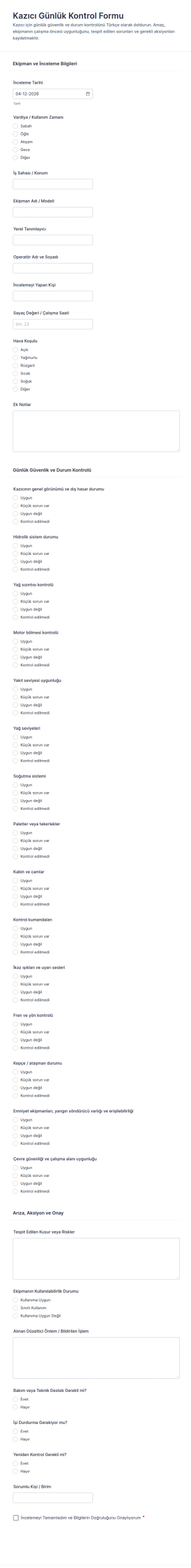 Ekskavatör Günlük Kontrol Formu 🚧 Form Şablonu