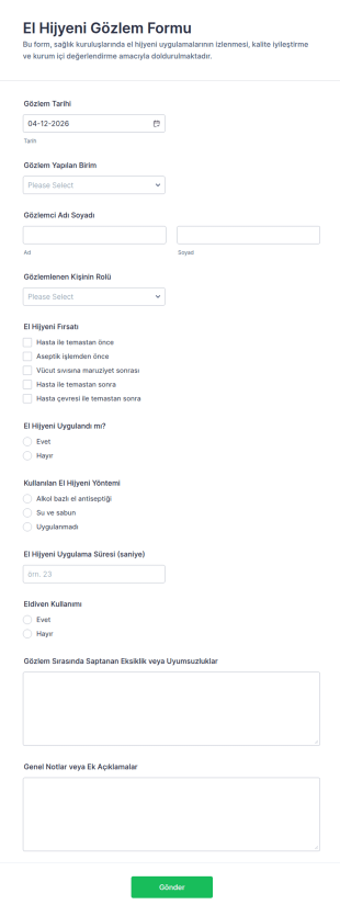 El Hijyeni Gözlem Formu 🧼📝 Form Şablonu