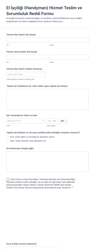 El İşçiliği (Handyman) Hizmet Teslim Ve Sorumluluk Reddi Form Şablonu