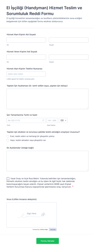 El İşçiliği (Handyman) Hizmet Teslim Ve Sorumluluk Reddi Form Şablonu