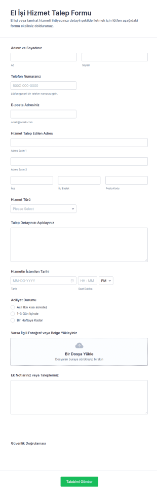 El İşi Hizmet Talep Form Şablonu