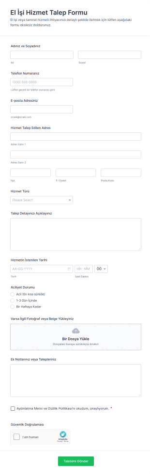 El İşi Hizmet Talep Form Şablonu