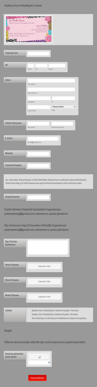 El Sanatları Tedarikçisi Gösteri Kayıt Form Şablonu