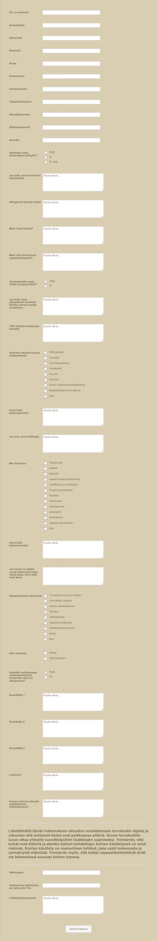 Eläinten Turvakodin Vapaaehtoistyöhakemus Form Template