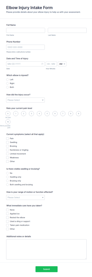 Elbow Injury Intake Form Template