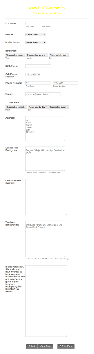 Teacher Recruitment Form Template