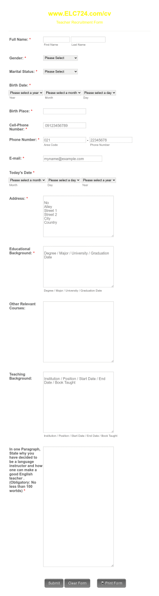 Teacher Recruitment Form Template