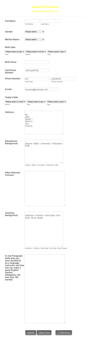Teacher Recruitment Form Template