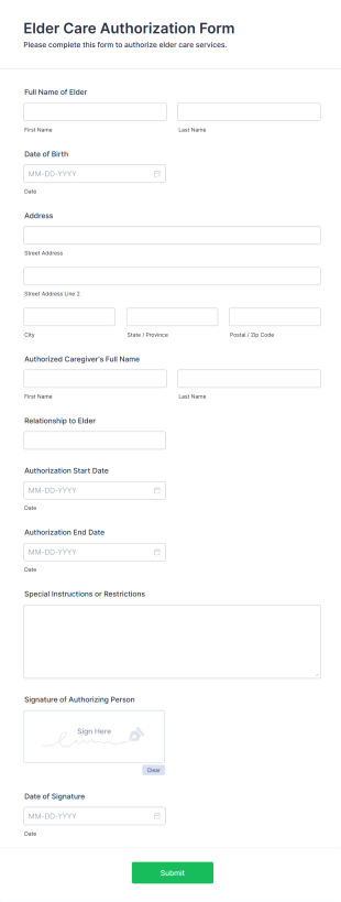 Elder Care Authorization Form Template