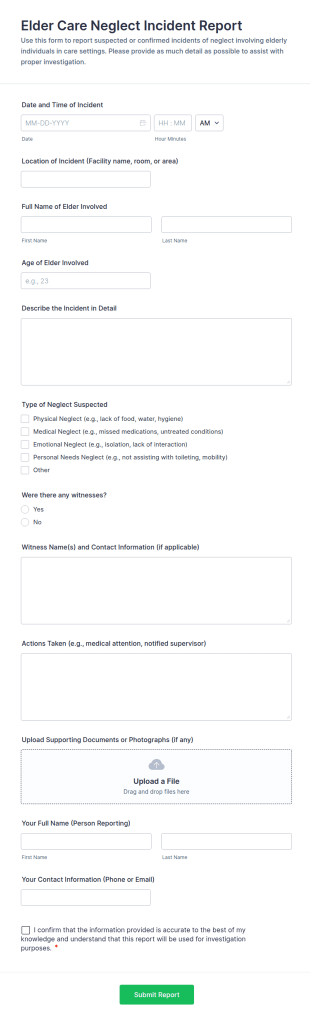 Elder Care Neglect Incident Report Form Template