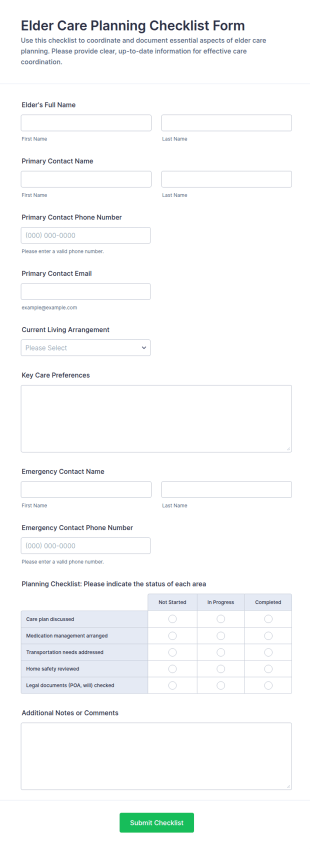 Elder Care Planning Checklist Form Template