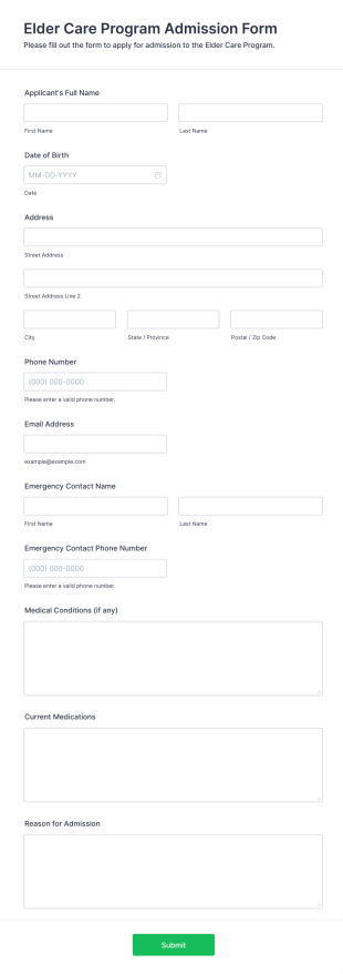 Elder Care Program Admission Form Form Template
