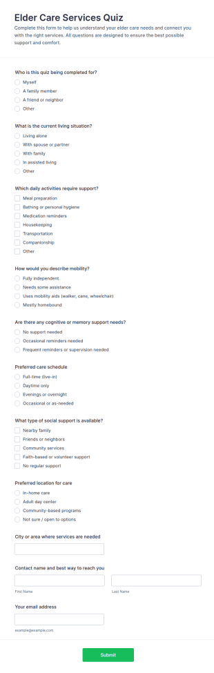 Elder Care Services Quiz Form Template