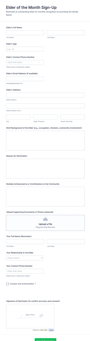 Elder Of The Month Sign Up Form Template