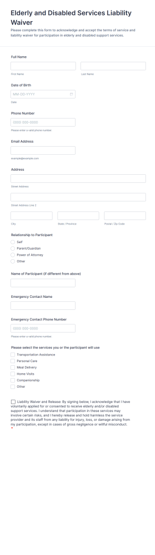 Elderly And Disabled Services Liability Waiver Form Template