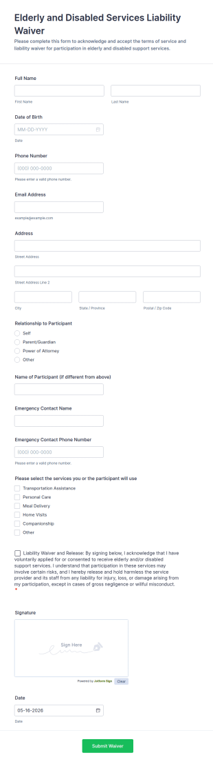 Elderly And Disabled Services Liability Waiver Form Template