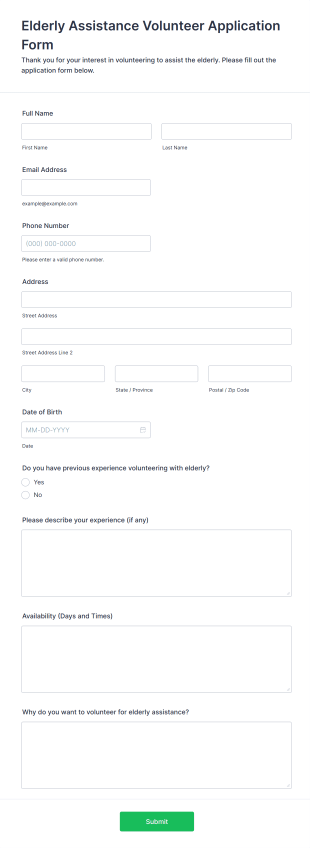 Elderly Assistance Volunteer Application Form Template