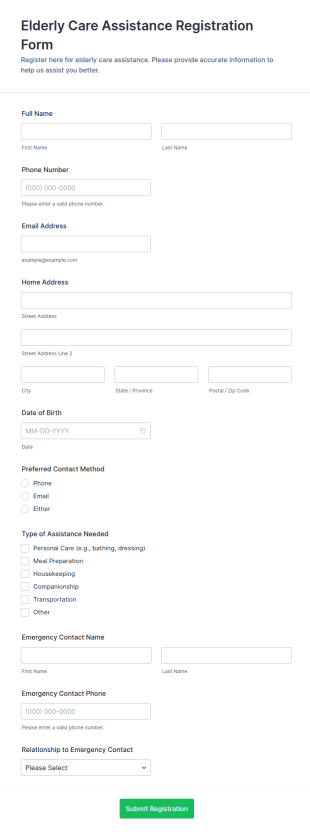 Elderly Care Assistance Registration Form Template