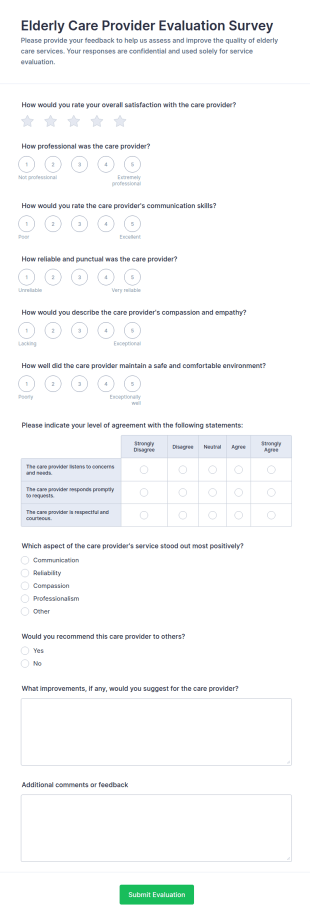 Elderly Care Provider Evaluation Survey Form Template