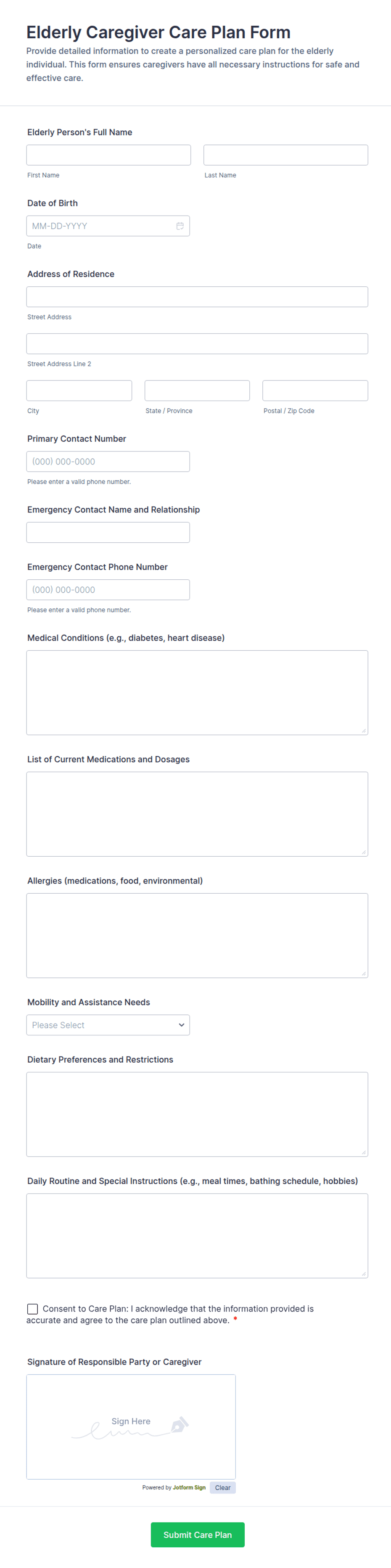 Elderly Caregiver Care Plan Form Template | Jotform