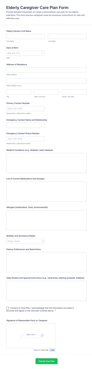 Elderly Caregiver Care Plan Form Template