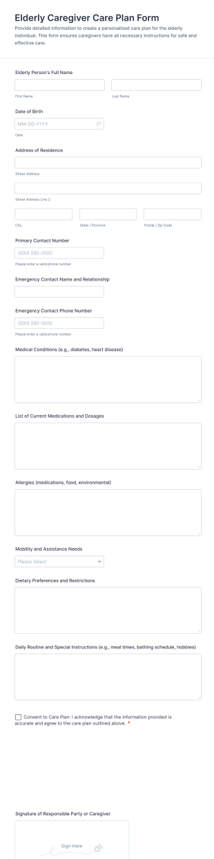Elderly Caregiver Care Plan Form Template
