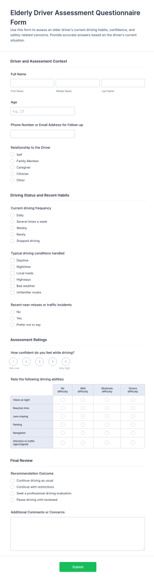 Elderly Driver Assessment Questionnaire Form Template