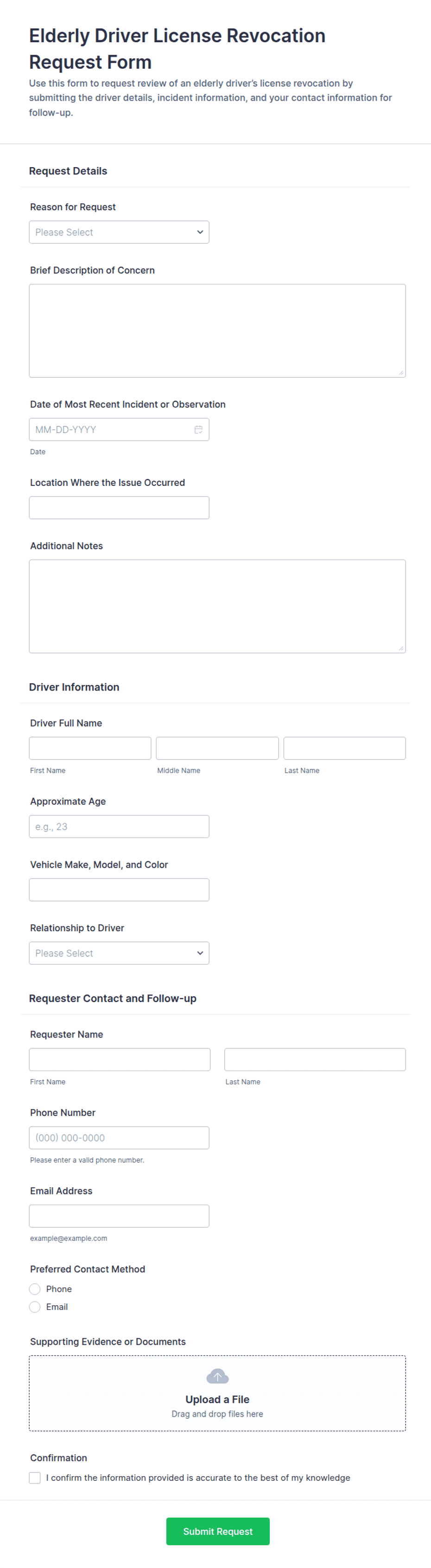 Revocation License Template Elderly Driver License Revocation Request Form Template | Jotform