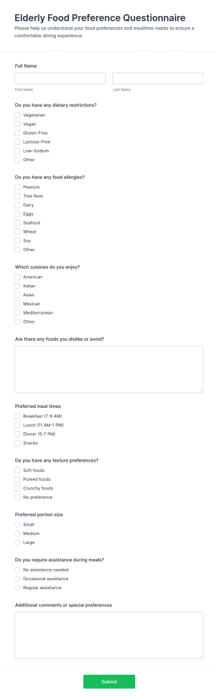 Elderly Food Preference Questionnaire Form Template