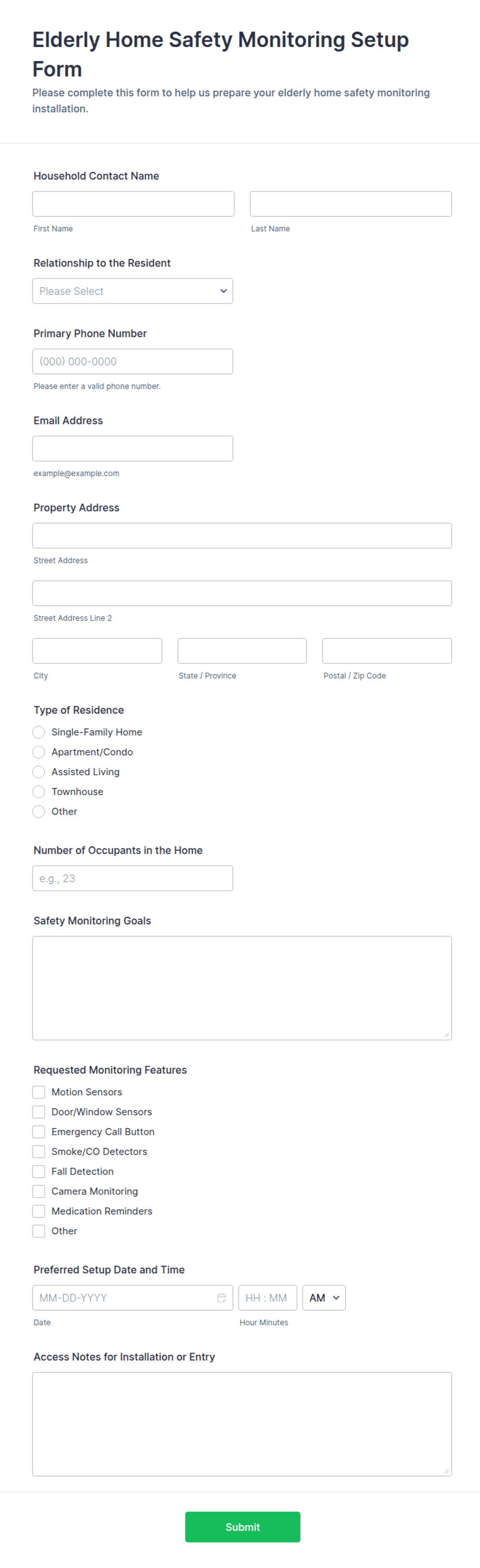 Elderly Home Safety Monitoring Setup Questionnaire Form Template | Jotform