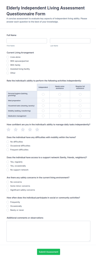 Elderly Independent Living Assessment Questionnaire Form Template