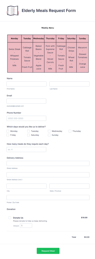 Elderly Meals Request Form Template