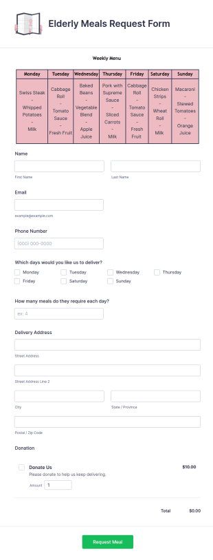 Elderly Meals Request Form Template