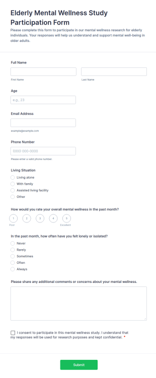 Elderly Mental Wellness Study Participation Form Template