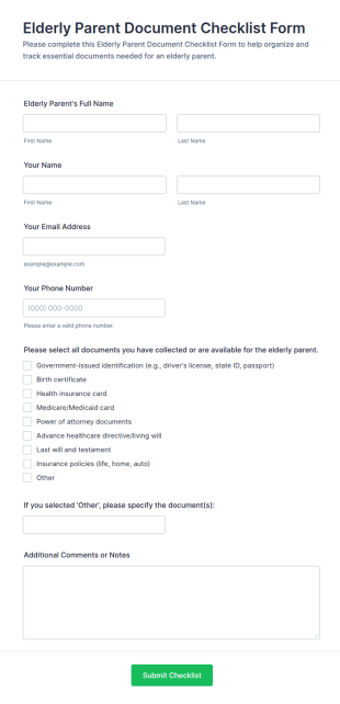 Elderly Parent Document Checklist Form Template