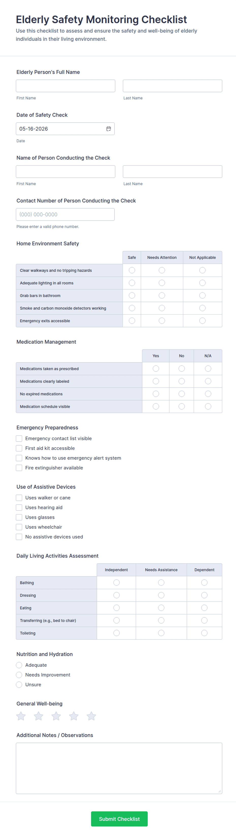 Elderly Safety Monitoring Checklist Form Template | Jotform