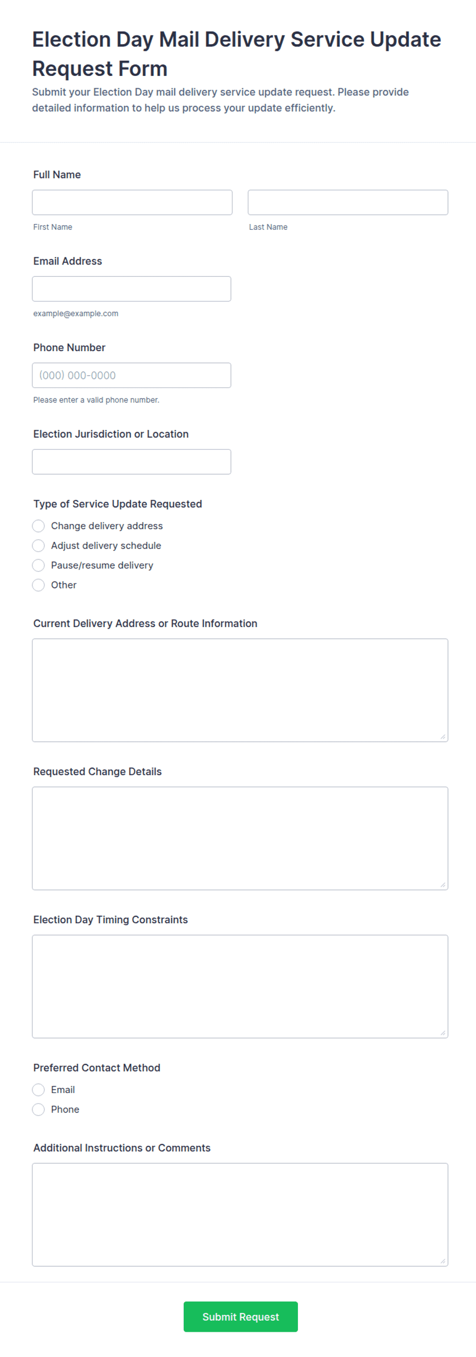 Election Day Mail Delivery Service Update Request Form Template | Jotform