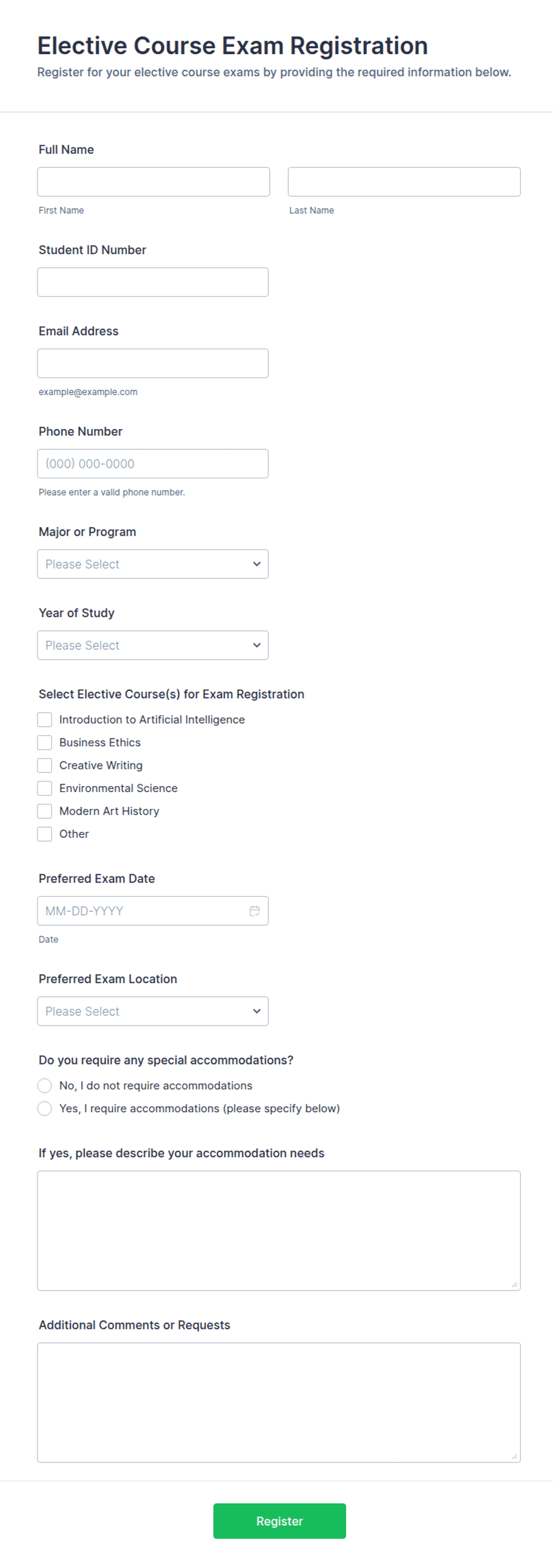 Elective Course Exam Registration Form Template | Jotform