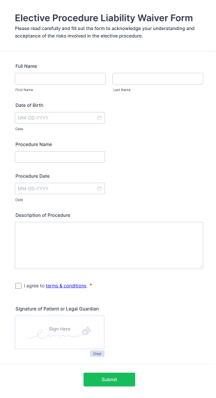 Elective Procedure Liability Waiver Form Form Template