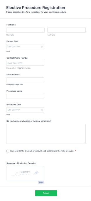 Elective Procedure Registration Form Template