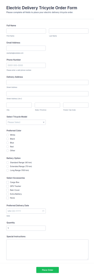 Electric Delivery Tricycle Order Form Template